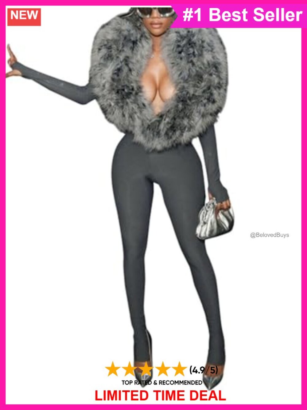 Womens Sexy One Piece Jumpsuit Faux Fur Collar High Waist Bodycon Club Party